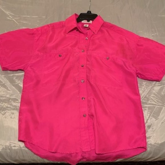 Express Fuchsia 100% Silk Button Down Shirt - Picture 8 of 9